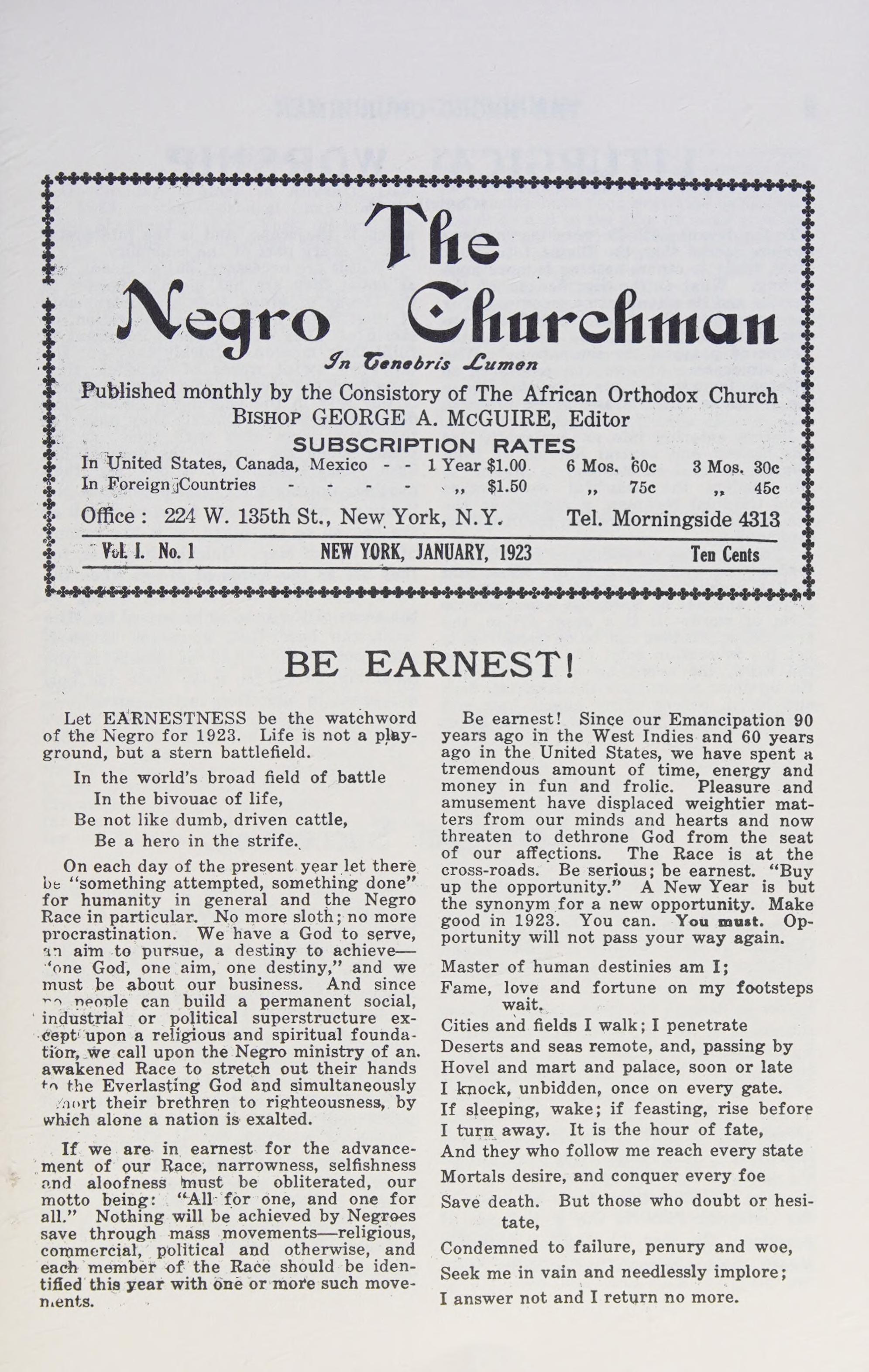 The Negro Churchman, Vol. I, No. 1 — January 1923. The AOC’s own monthly, edited by Bishop George A. McGuire. Its motto: In Tenebris Lumen — a light in the darkness.